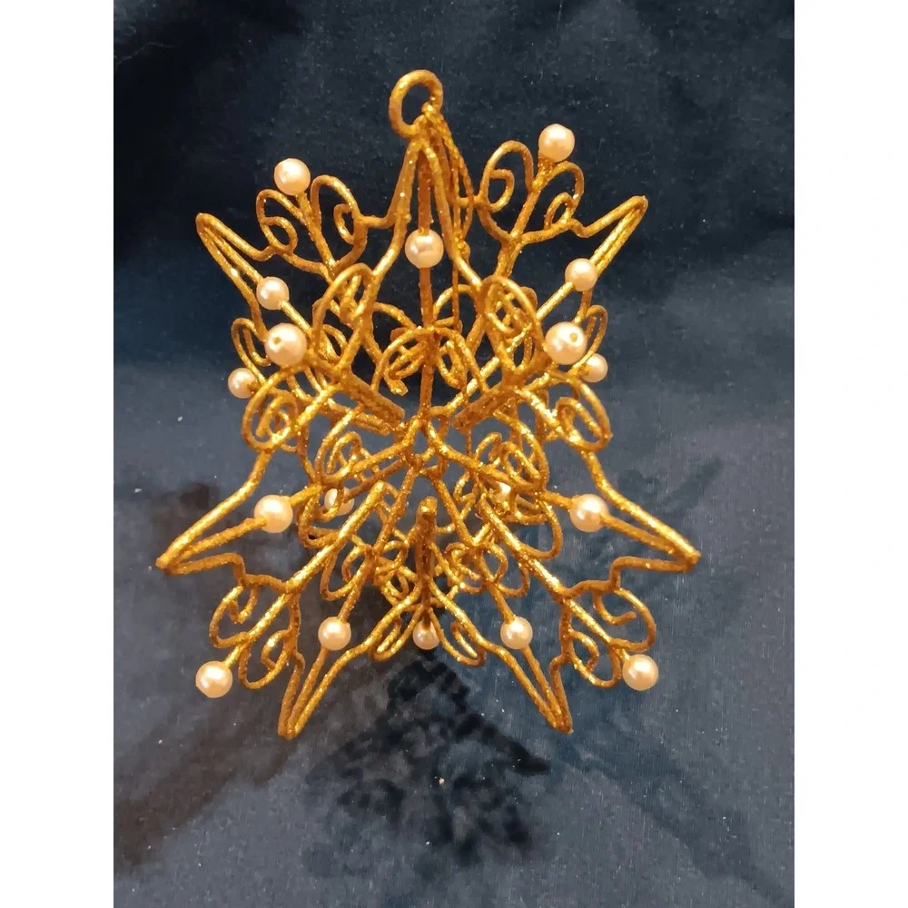 Avon Glitter Snowflake Ornament‎ Faux Pearls Gold Christmas Tree Decor 1998